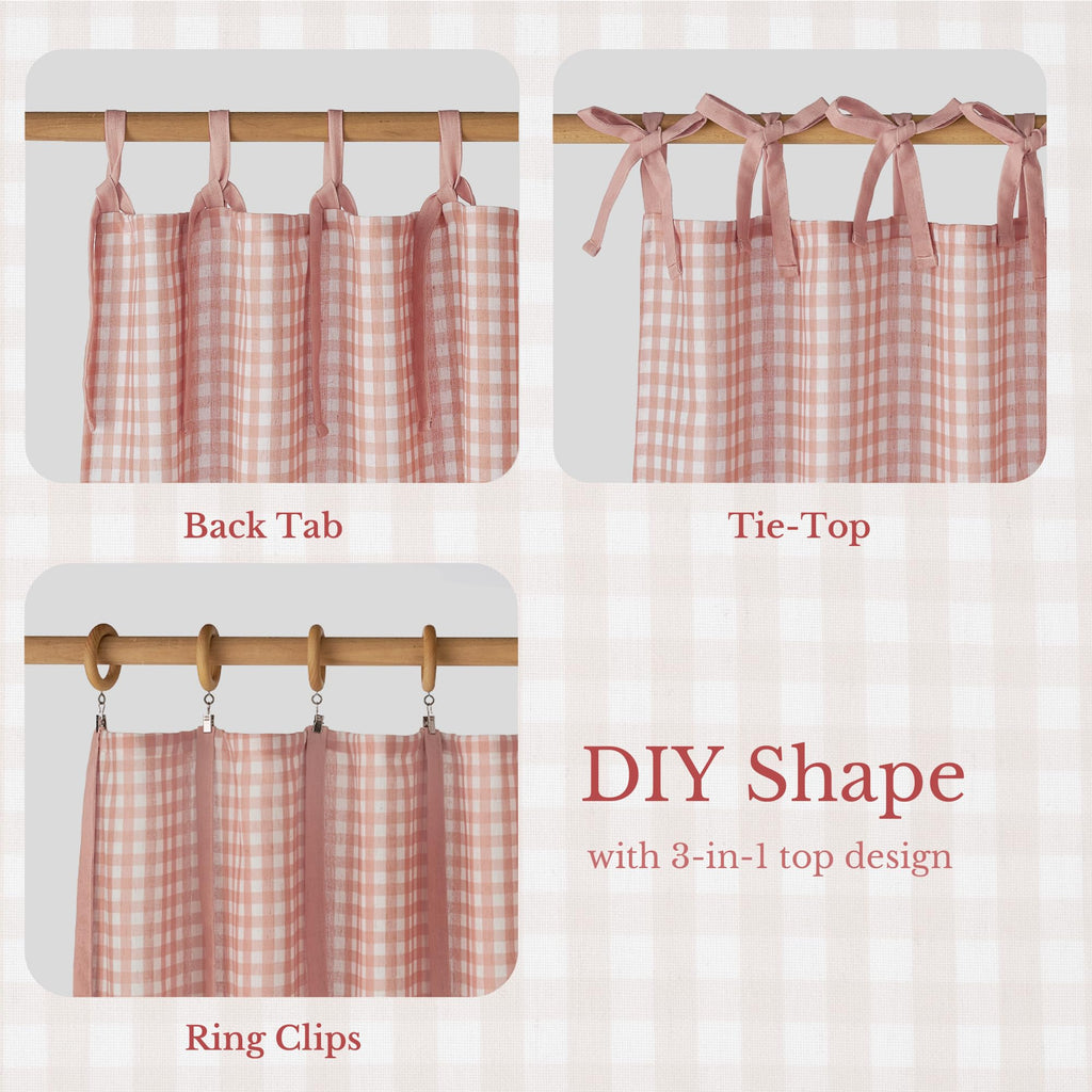Rose Pink Plaid Curtains, Tie Top Bow Knot Checkered Girls Room Window Treatments, Coquette Room Decor Semi Sheer