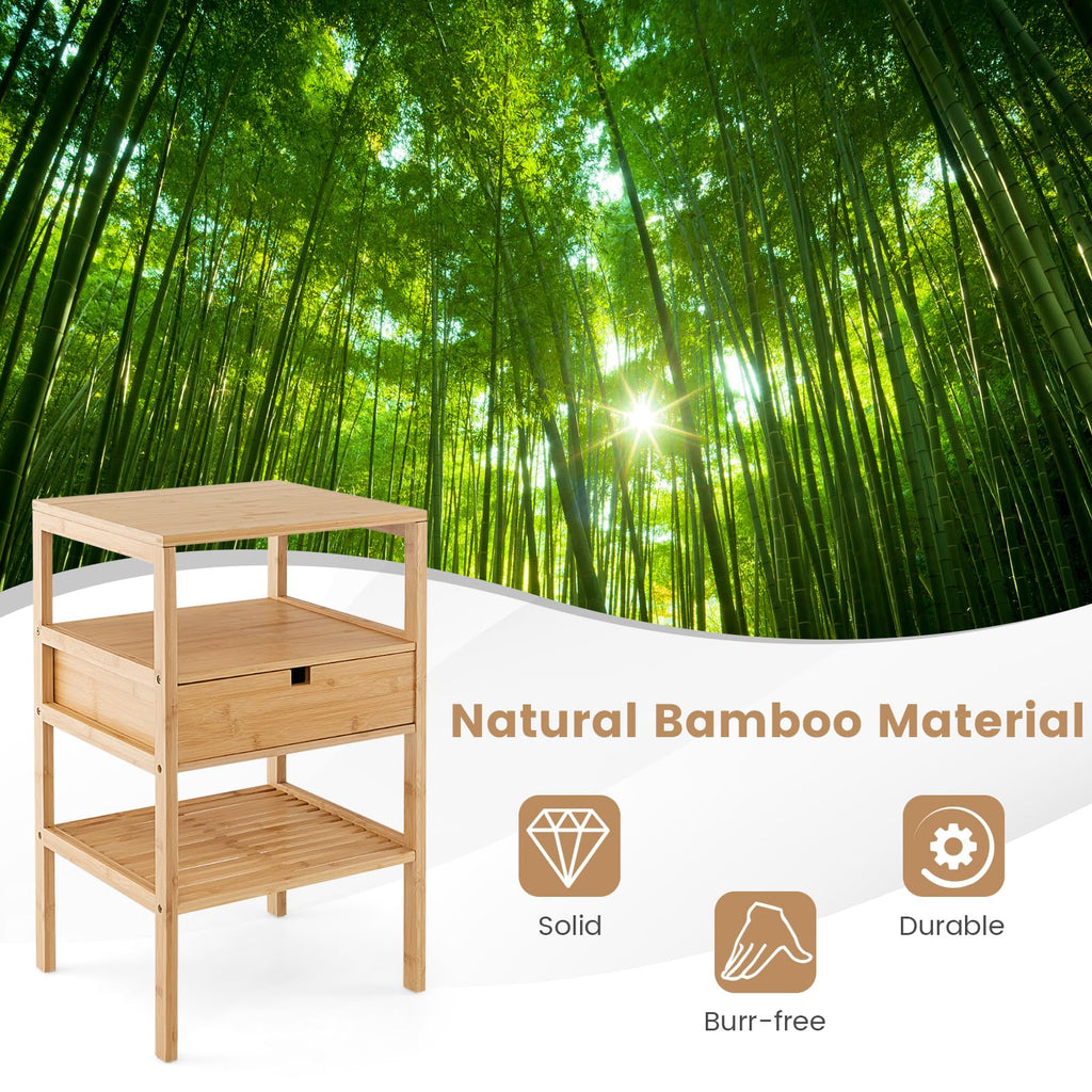 3-Tier Bamboo Nightstands Set of 2 with Drawer, Open Shelf, Natural