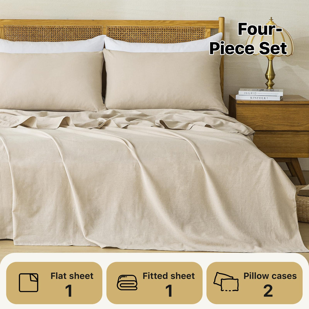 100% Linen Sheets 4 Piece - Washed Natural Flax Bedding Set, Ultra Breathable Soft Durable Flat Sheet
