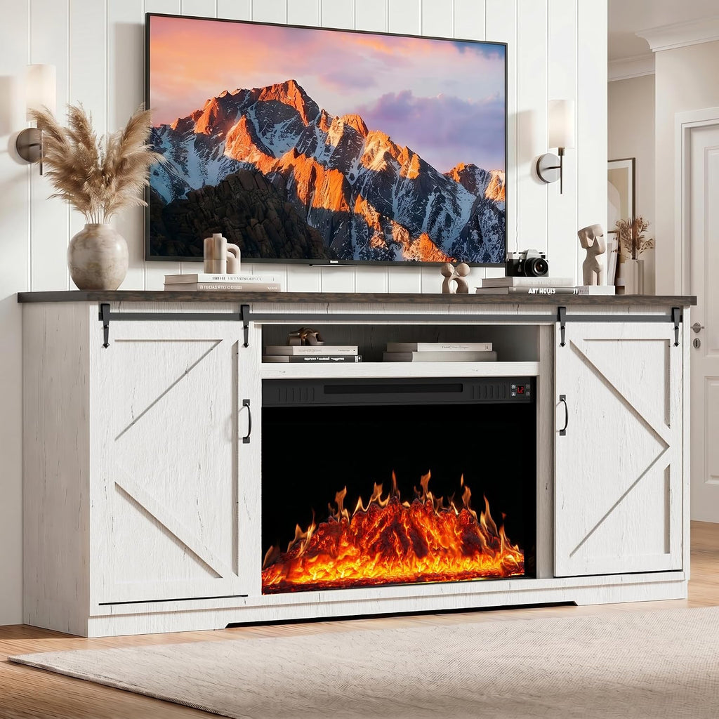 70'' Fireplace TV Stand for 85 Inch TV, 36" Tall Farmhouse Entertainment Center with Electric Fireplace, Rustic Media