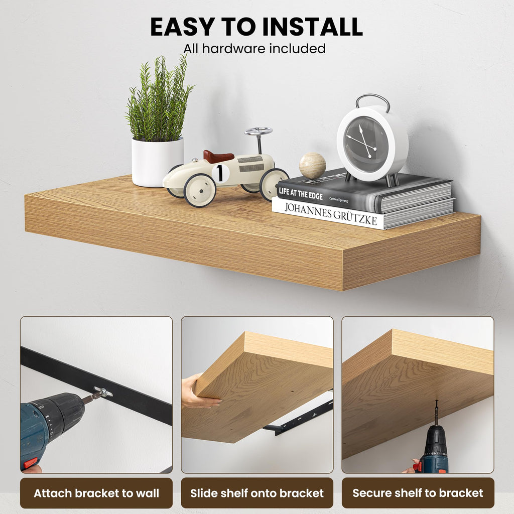 48" Floating Shelves for Wall, 12" Deep Thicker Oak Floating Shelves, Wall-Mounted Shelves - Set of 2