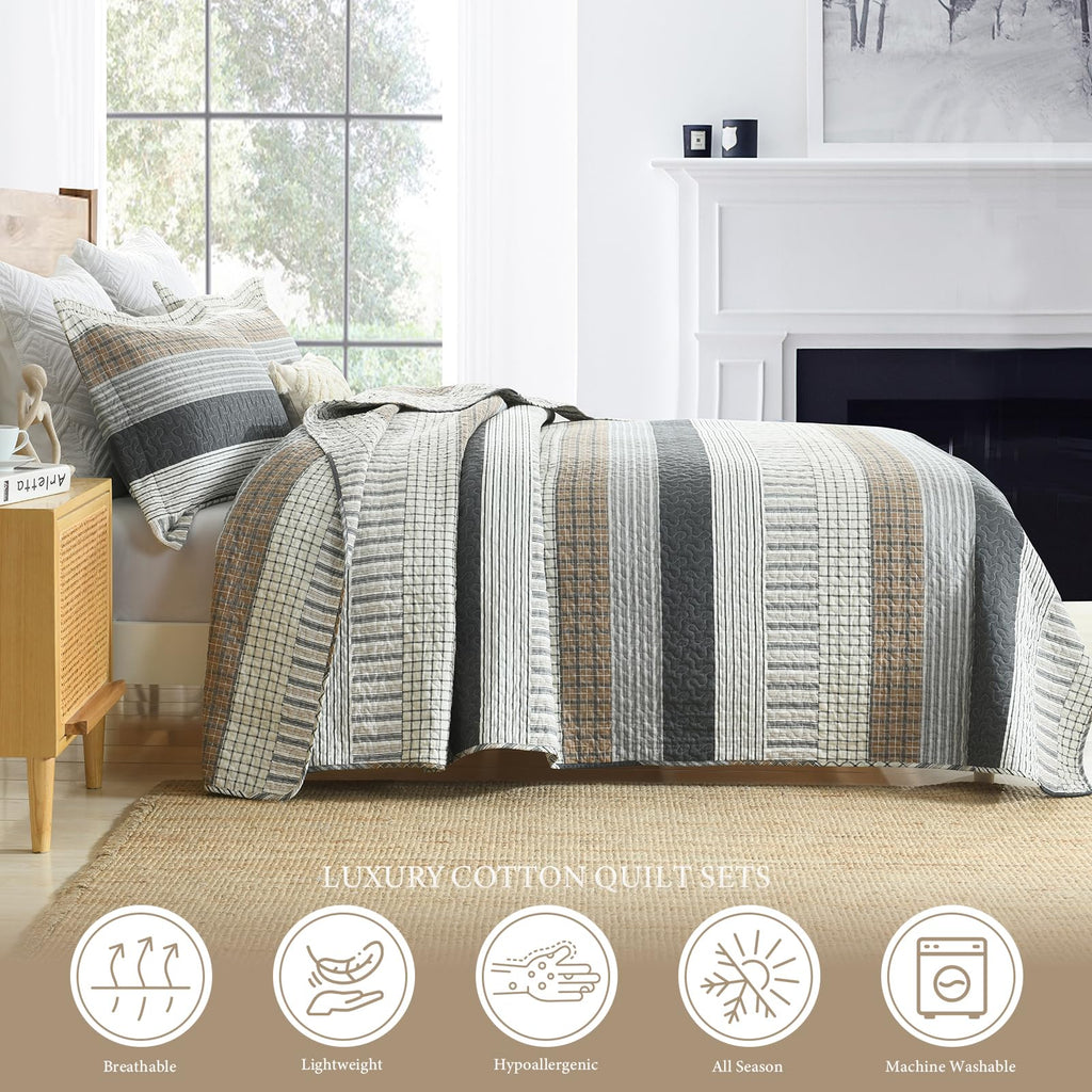 100% Cotton Quilt Set Quilt Bedding Set Bedspreads, Farmhouse Striped Coverlet, Lightweight