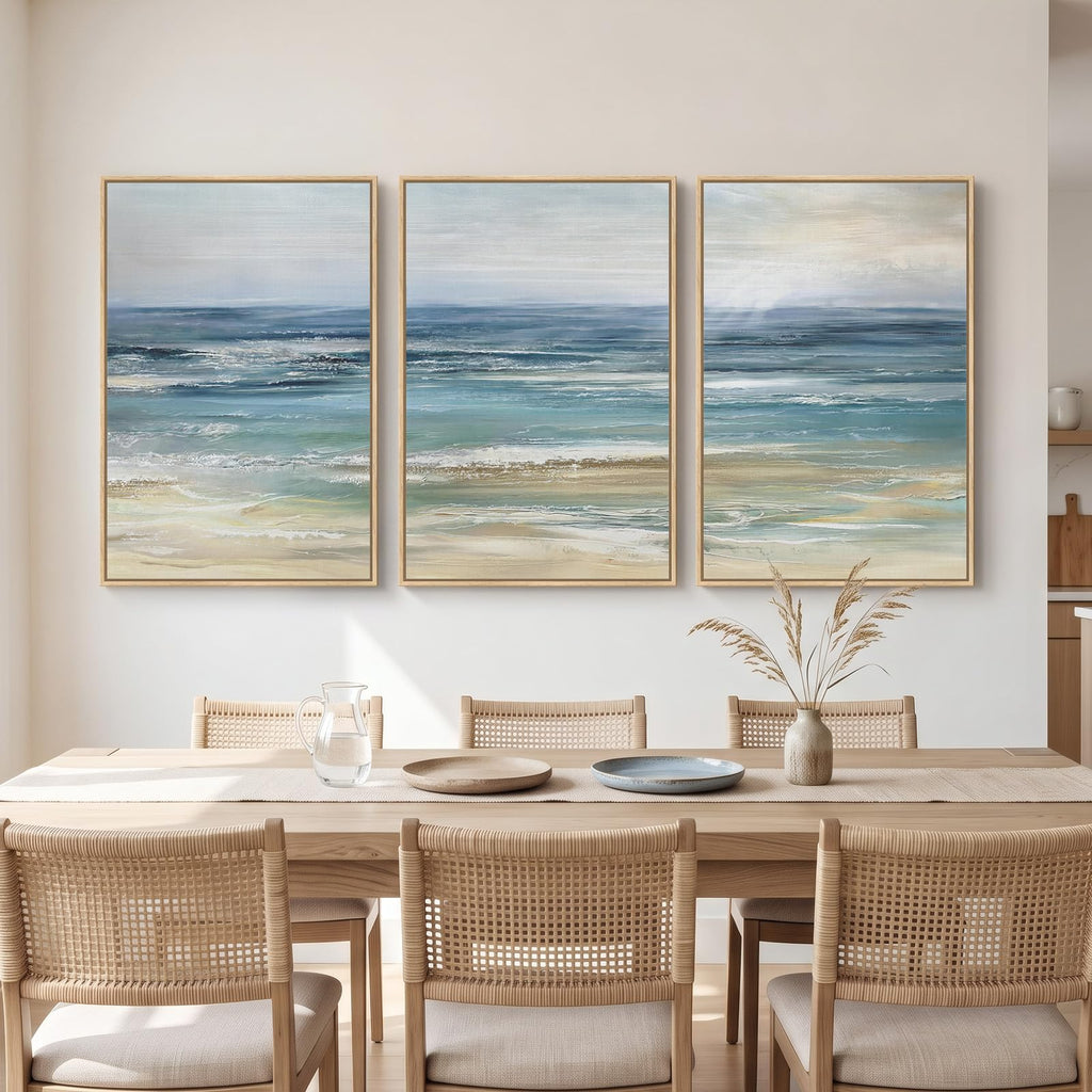 Large Framed Blue Coastal Landscape Wall Art, 3 Piece 24x36