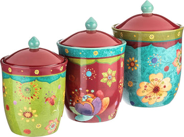 Tunisian Sunset 3-Piece Ceramic Canister Set - Colorful Floral Kitchen Storage Jars with Lids, Includes 104 oz., 72