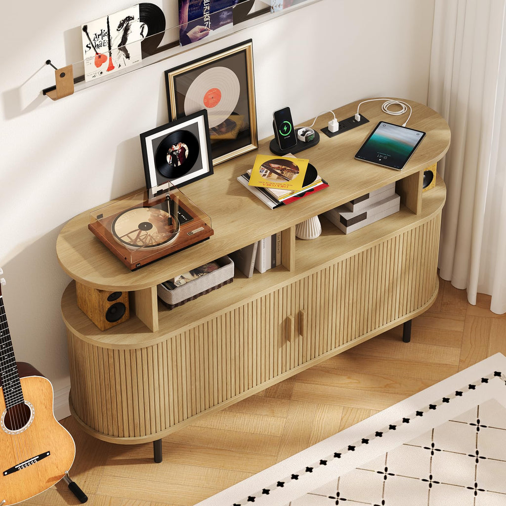 55" Large Round Record Player Stand with Charging Station, Oak