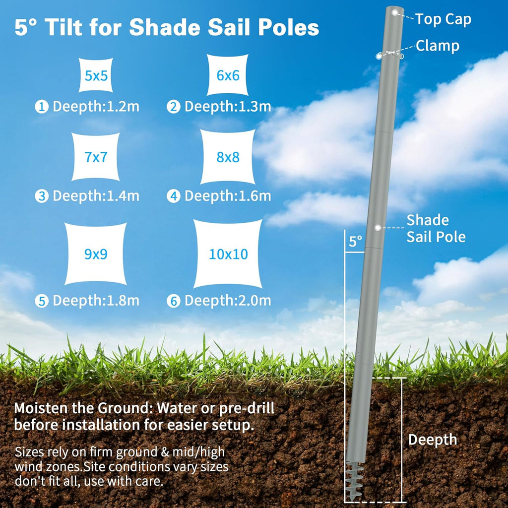 Shade Sail Poles, 12Ft Sun Shade Sail Poles with Spiral Drill Bit, 2.28" Diameter Heavy Duty Shade Sail Post with