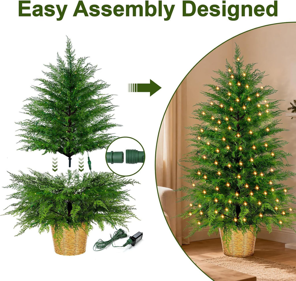 4FT Prelit Artificial Cedar Christmas Tree with Lights Plug in Power, Faux Cedar Potted Christmas Tree in Decorative