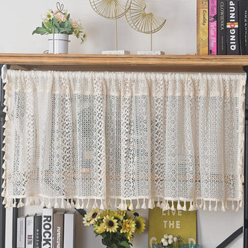 18 Inch Boho Curtain Valance for Windows Kitchen Dinning Room Cafe Oven Sink, Short Sheer Lace Crochet Curtain Knit
