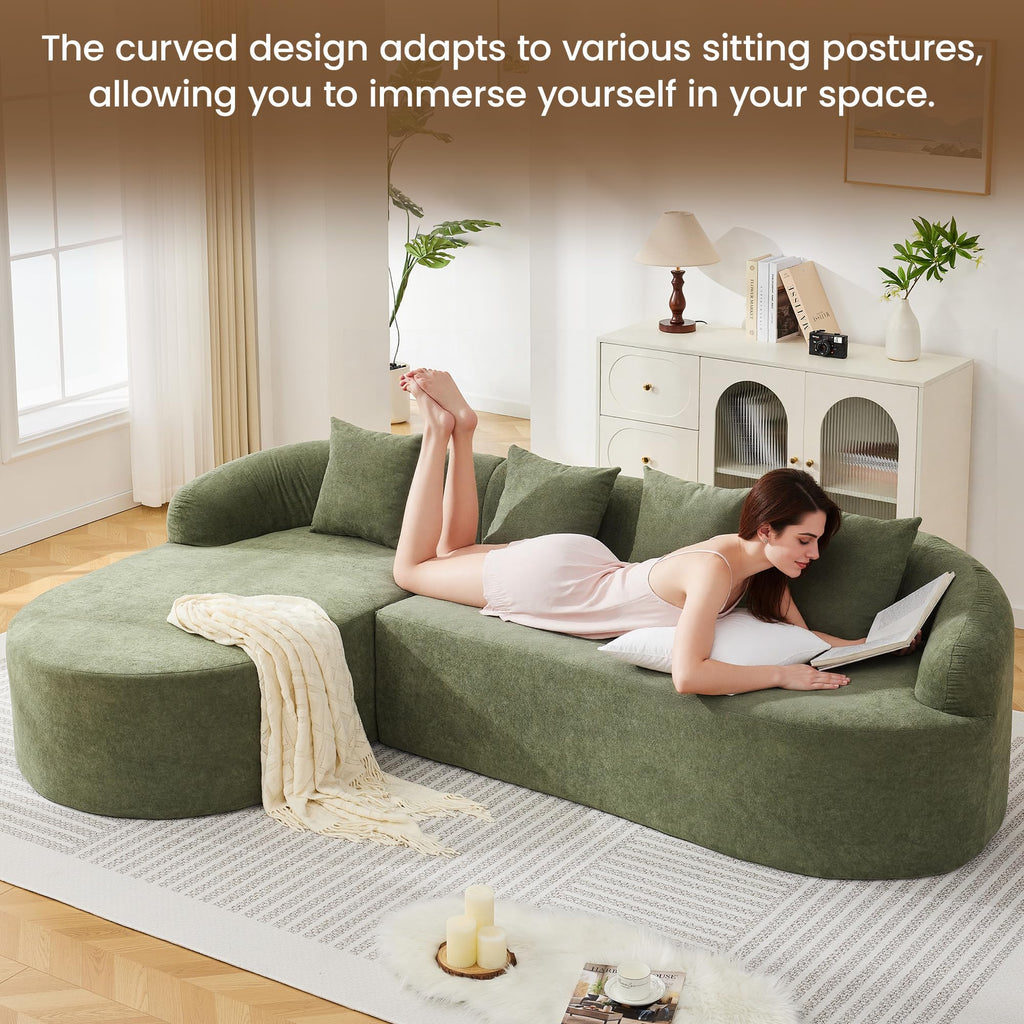 105" Boneless L Shaped Couch, Curved Sofas, Chenille Green