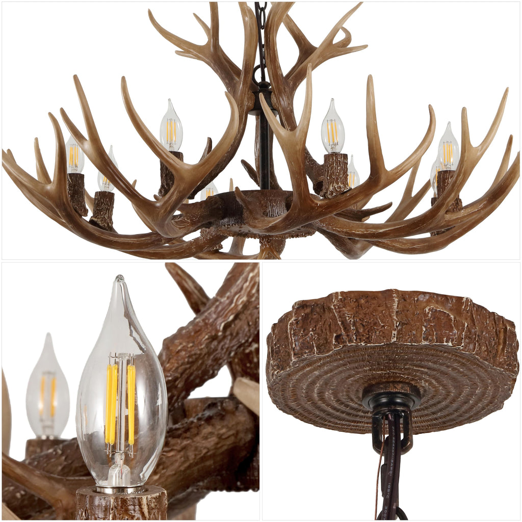 Rustic Faux Antler Chandelier - 8-Light Brown Resin Antler Chandelier for Cabin & Lodge, 36" Wide