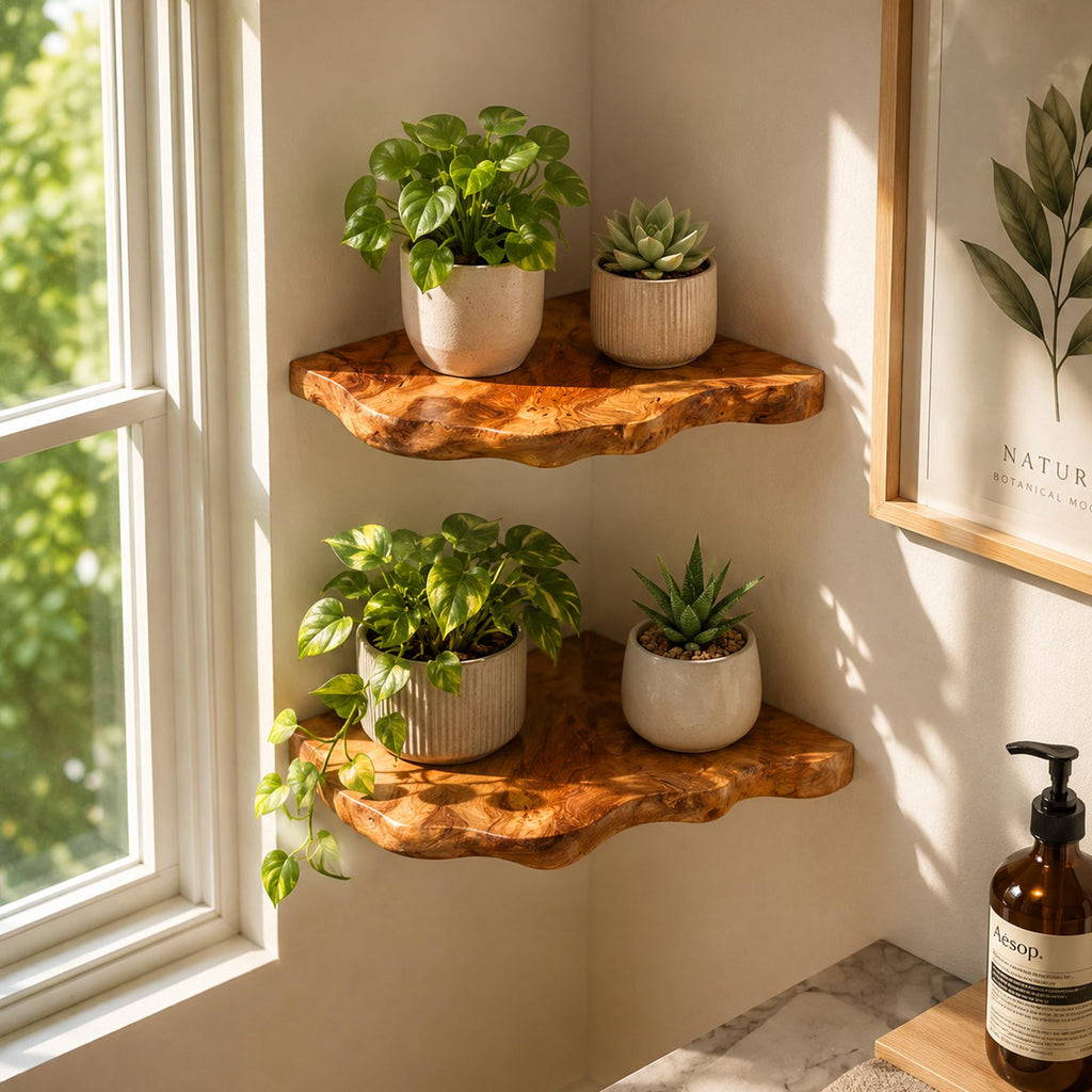 Floating Corner Shelf Set of 2, Handcrafted Live Edge Corner Wall Shelves, Cedar Root Wood Decor for Small Plants