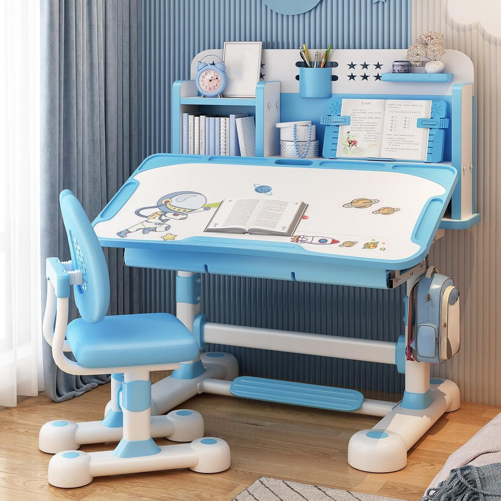 Kids Desk and Chair Set, Height Adjustable Study Table with Tilt Desktop