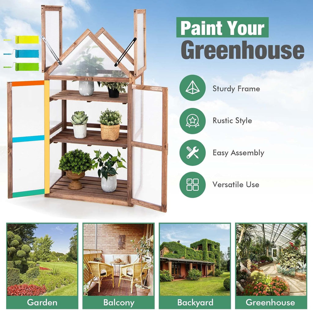 Wooden Cold Frame Greenhouse with 3 Removable Shelves for Outdoor | Portable Raised Flower Planter Shelf w/