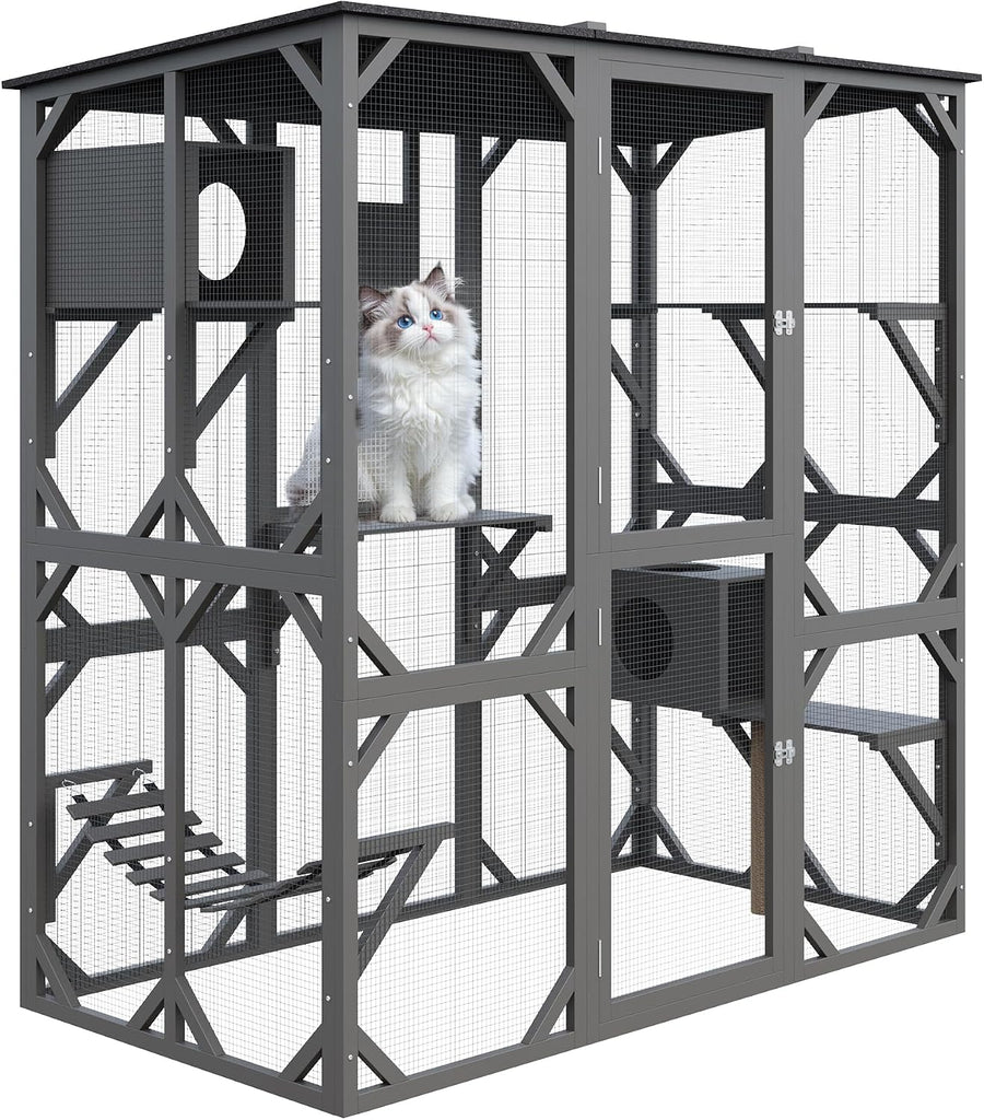 70'' Large Walk-in Catio, Outdoor Wood Cat Enclosure Window Access for Multiple Cats with Asphalt Roof, Feral Cat
