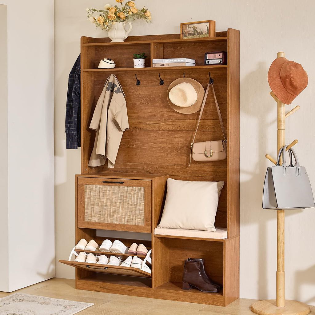 78" Tall Boho Hall Tree with Bench & Shoe Storage, 4-in-1 Mudroom Coat Rack with 2 Flip Rattan Drawers & Cushioned