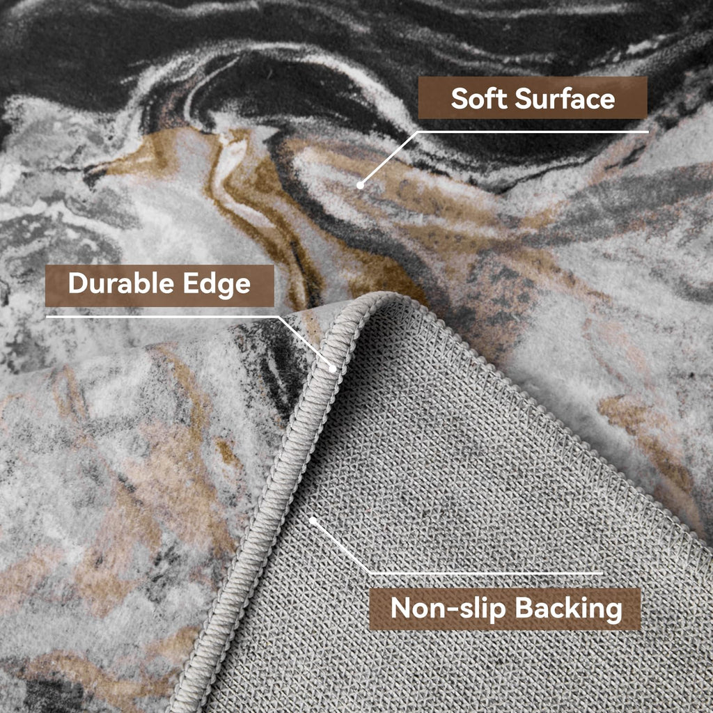 Abstract Area Rug, Washable Non-Slip Low Pile, Marble Black