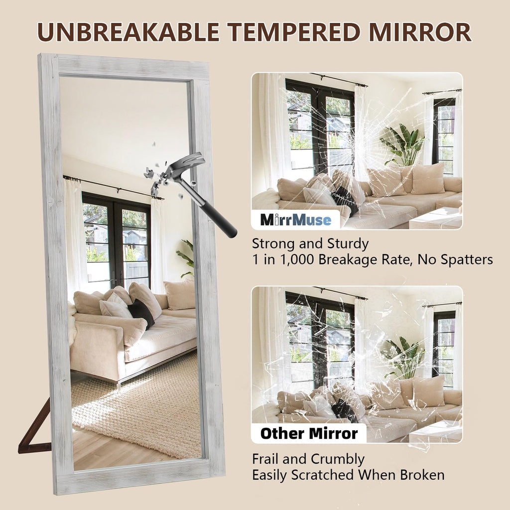 Rustic Farmhouse Full Length Mirror with Stand 71"x32", White