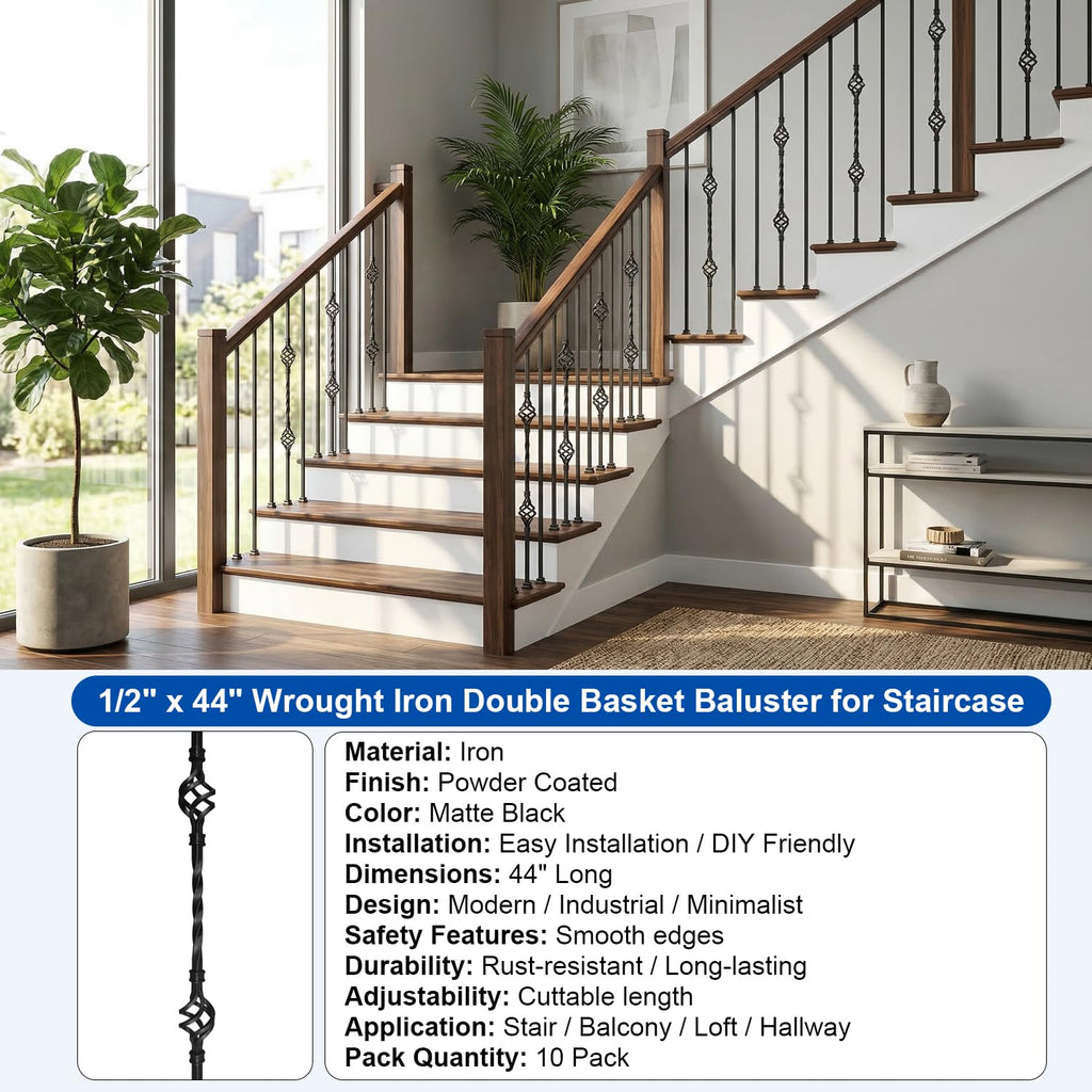 10 Pack 44" Iron Double Basket Balusters for Staircase Interior, 1/2" Hollow Stair Balusters, Matte Black Metal