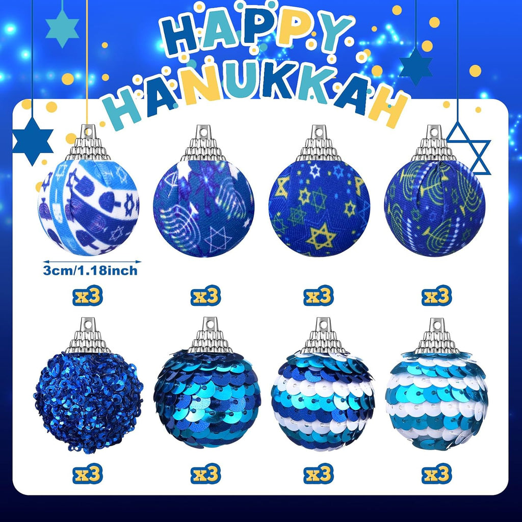 Hanukkah Ball Ornaments Blue White for Tree Party Decor - Set of 24