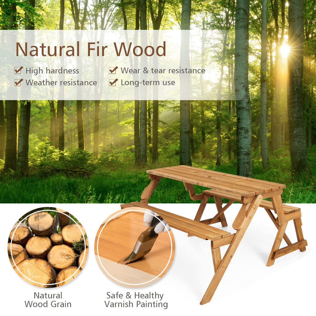 Picnic Table, 2 in 1 Convertible Picnic Bench Table Set, Transforming Interchangeable Wooden Picnic Table with