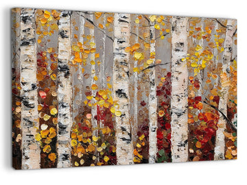 Forest Landscape Autumn Fall Wall Art Canvas, Fall Pictures Wall Decor Canvas, Textured Birch Trees With Layered