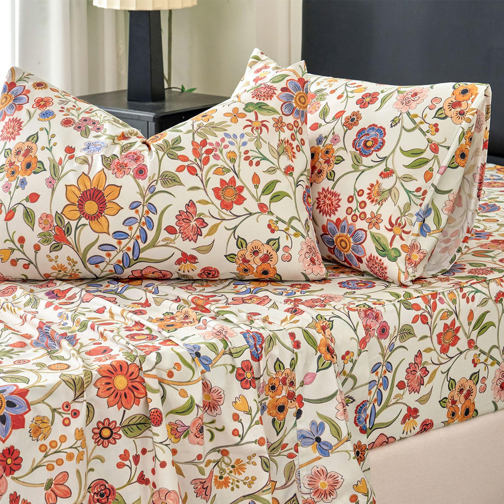 Floral Sheets California King 100% Percale Cotton Orange & Green Boho Bed Sheet Set, Soft Breathable Crisp Sunflower