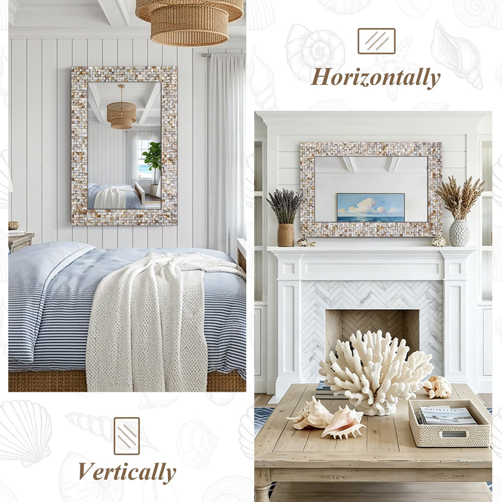 36" x 24" Large Bathroom Mirror Above Sink, Modern Coastal Mirror with Natural Capiz Seashell Frame
