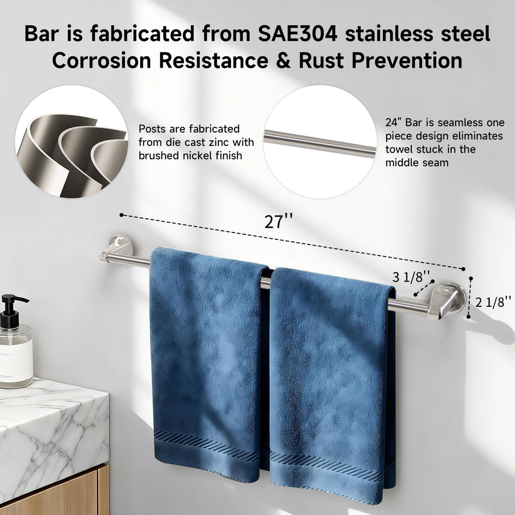 Chrome Bathroom Hardware Set 24 inch 8 Pieces Bathroom Accessories Set Brushed Nickel Wall Mounted Hand Towel Bar