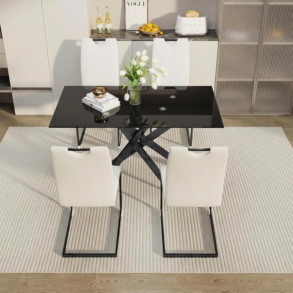 51" 5-Piece Glass Dining Table Set for 4, White&Black