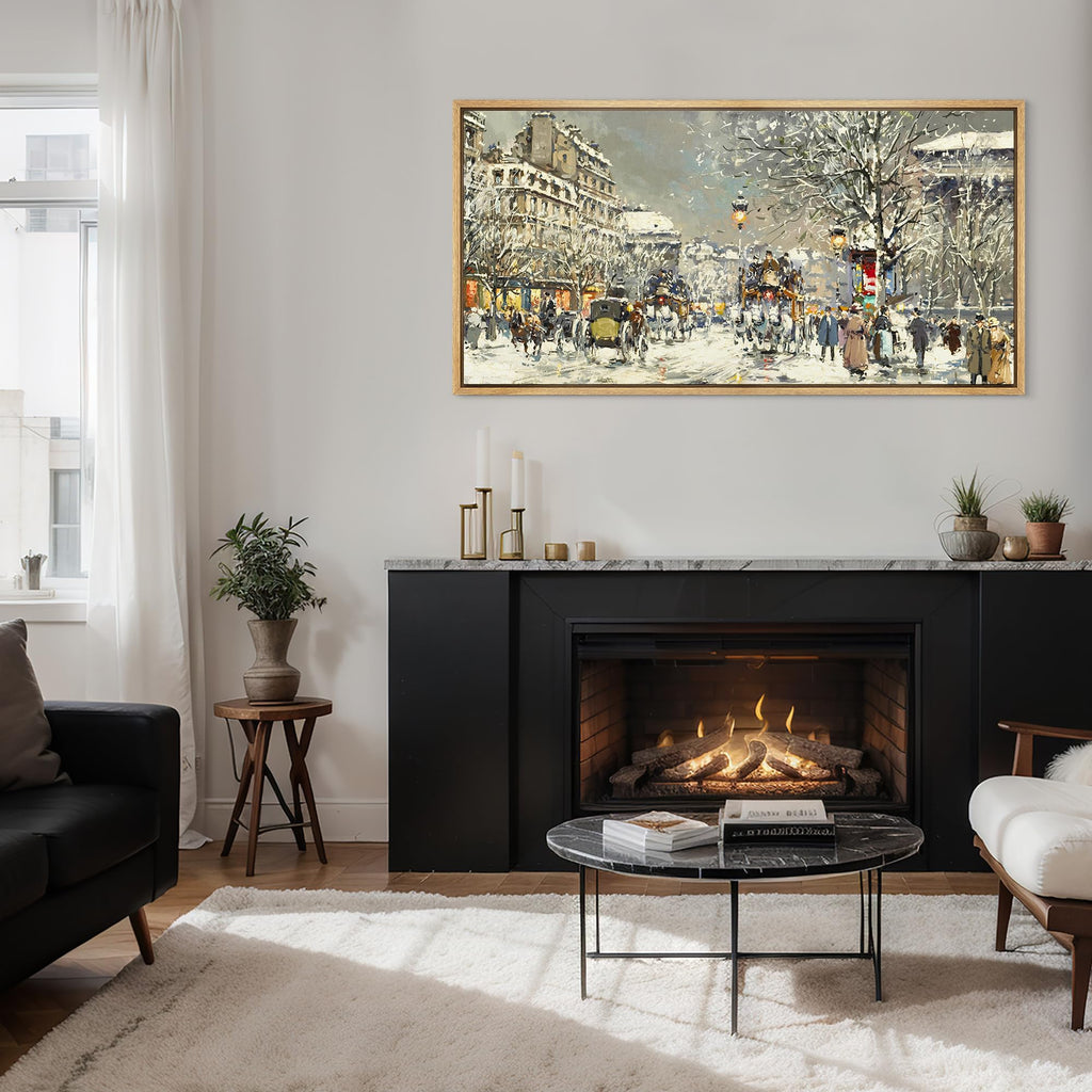 Extra Large Framed Canvas Print Wall Winter Cityscape Street Scene in Snow Antique Retro Fine Illustrations