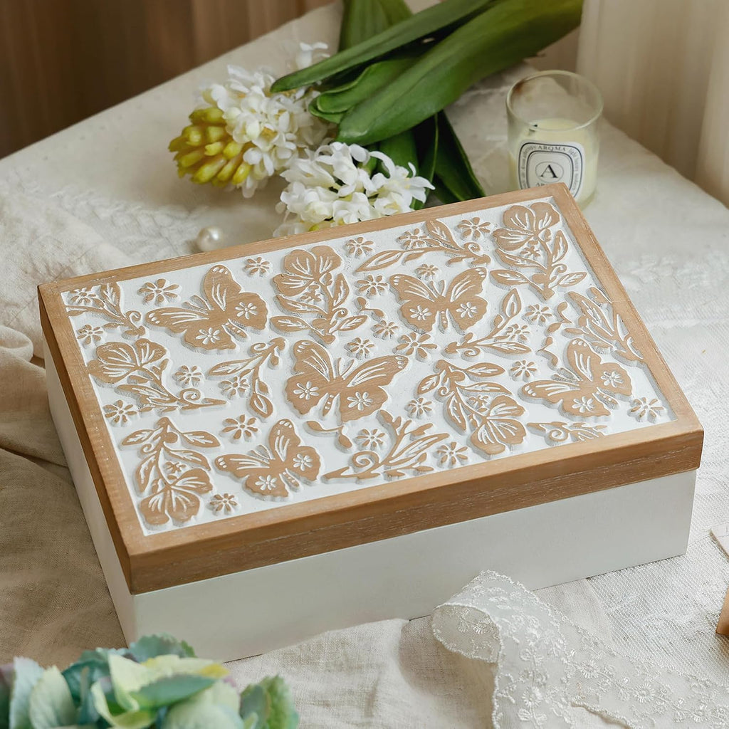 Wooden Keepsake Box - Decorative Wood Boxes with Hinged Lid, Butterfly Engraved Design, 10.24" W