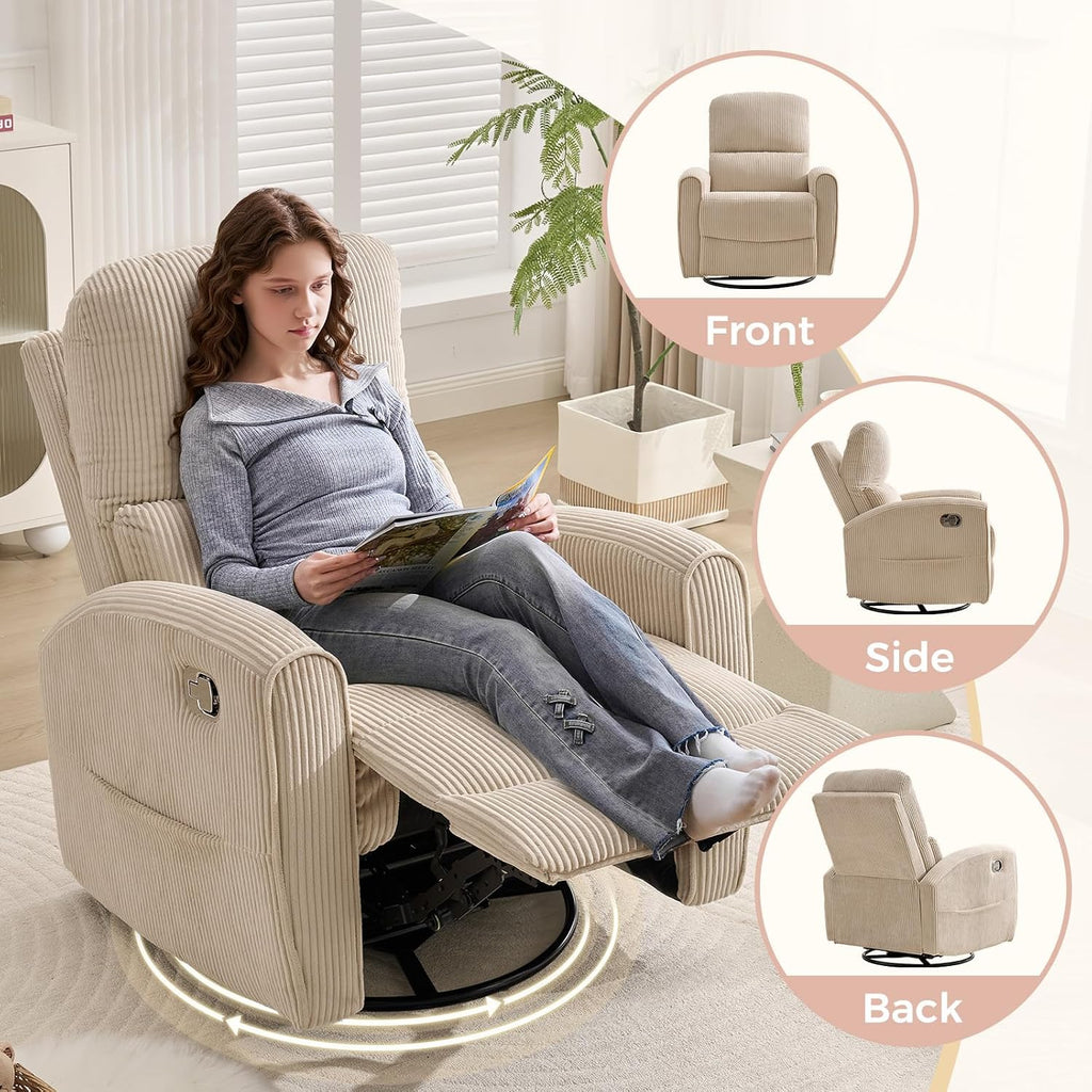 Swivel Rocker Recliner, Manual Glider Recliner Chair with Adjustable Headrest and Lumbar Support, Upholstered Rocking