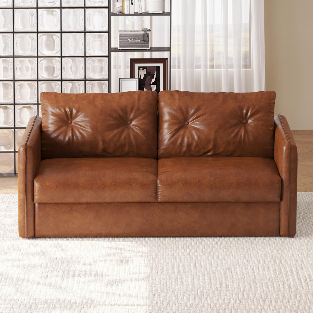 63" Apartment Size Convertible Leather Sleeper Sofa Bed, Brown