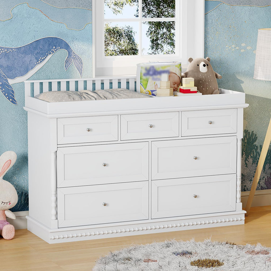 56.5" Baby Dresser with Removable Changing Table Top, Large White Dresser with 7 Storage Drawers, Baby Changing