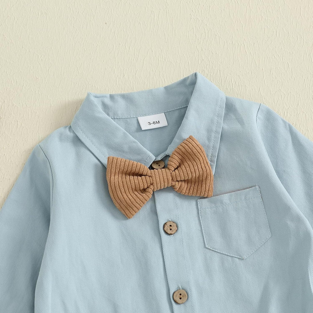 Newborn Baby Boy Fall Outfit Formal Long Sleeve Romper Bow Tie Corduroy Overalls Suspender Pants Set Suit Clothes