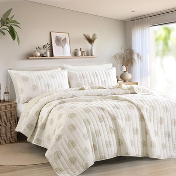 Cotton Gauze Quilt Set Off White Floral Bed Cover for All Season, Reversible Voile Quilt Bedding Sets with