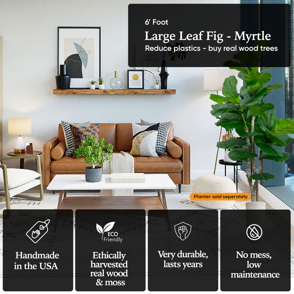 Handmade 6ft Oversized Fiddle Leaf Fig Ficus Lyrata Artificial Tree with Ethically Sourced Real Wood Trunks