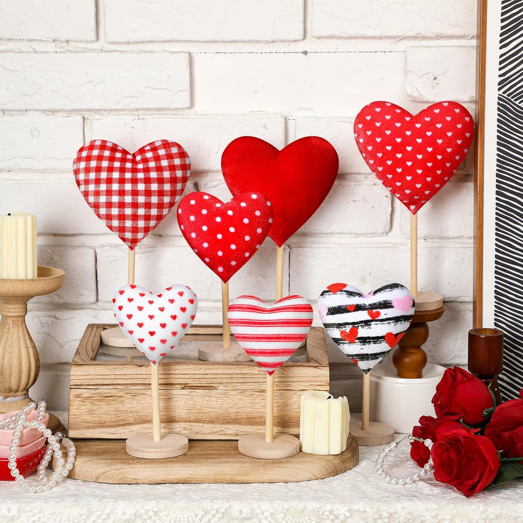 Valentine's Day Decorations Flocked Heart Table Decor Velvet Heart Wooden Sign Tall Standing Love Tabletop - Set of 7