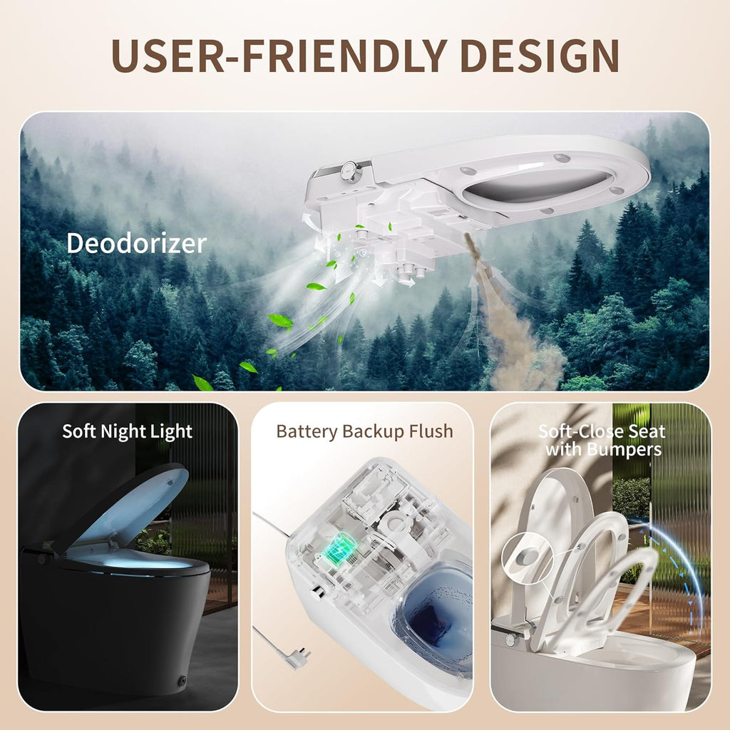 Smart Toilet Auto Open & Close One Piece Tankless Toilet with Bidet Built in Auto Flush Warm Water Air Dryer Heated