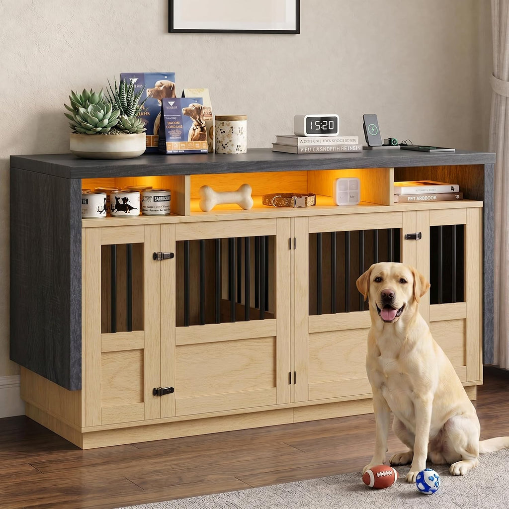 Furniture Dog Crate, Double Dog Crate Furniture Natural & Grey
