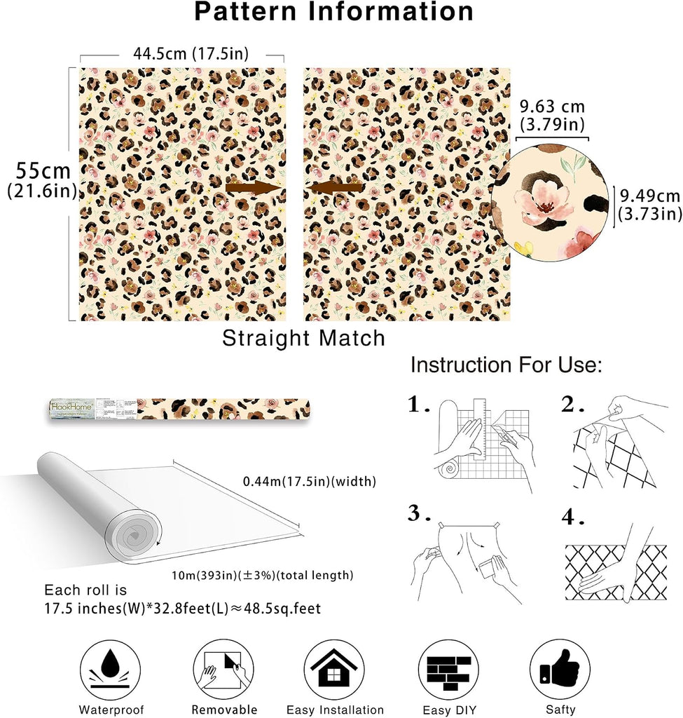 Floral Cheetah Print Peel and Stick Wallpaper Boho 17.3in x 32.8ft | Renter Friendly Self Adhesive Removable Chic