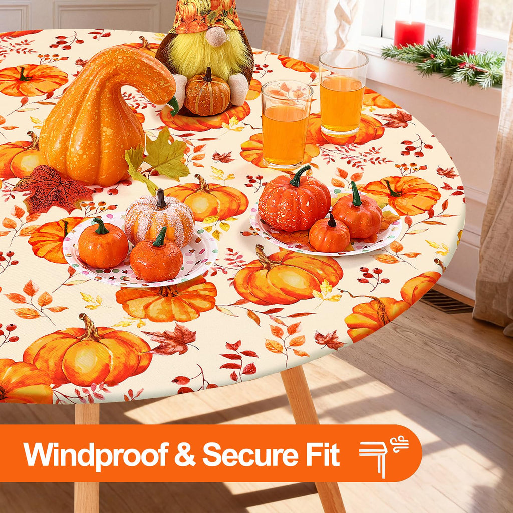 Thanksgiving Round Spandex Tablecloth, Fitted Cover for 45"-56" Table