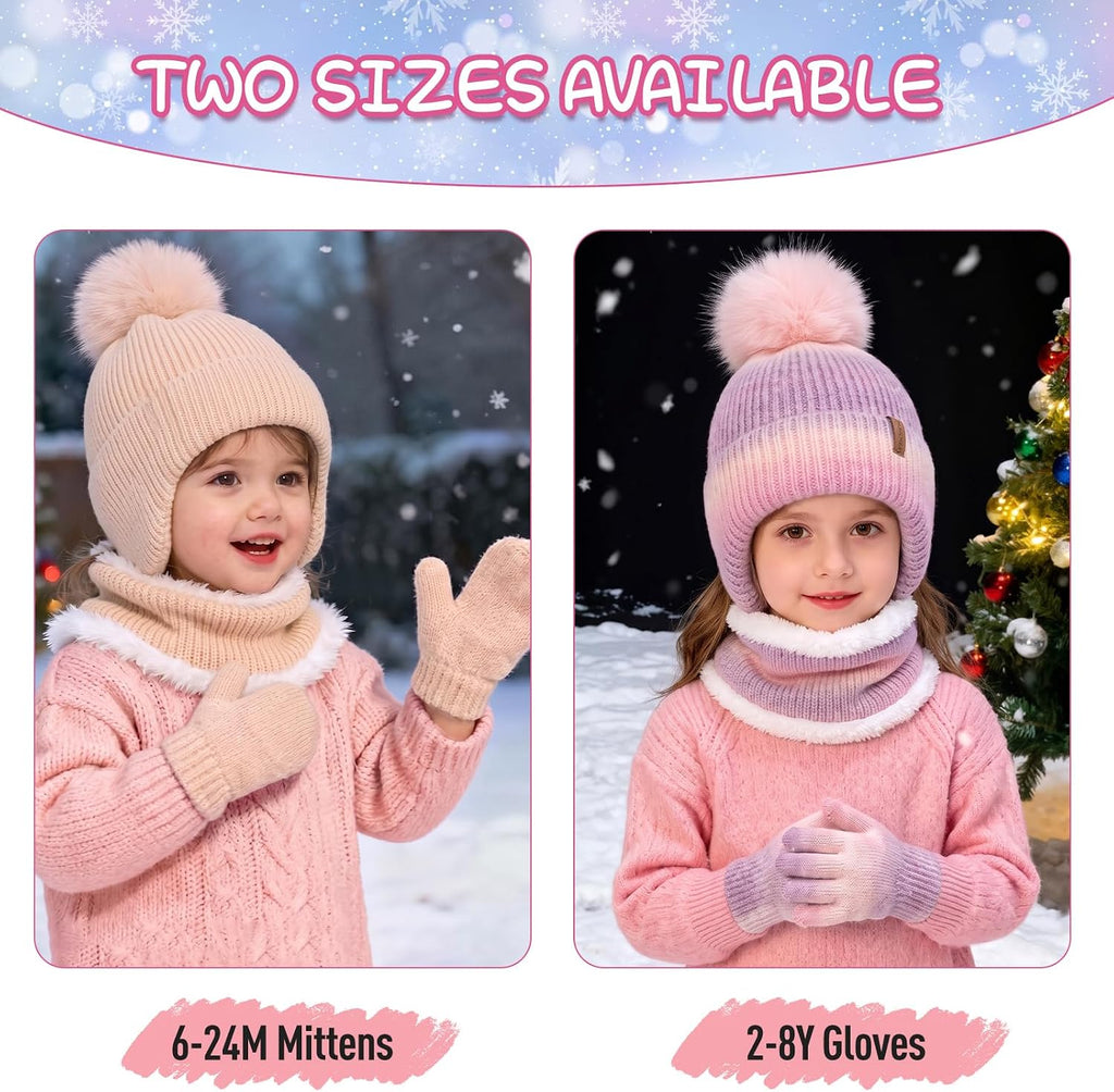 Toddler Girls Winter Hat Gloves Scarf Set Warm Fleece Lined Knit