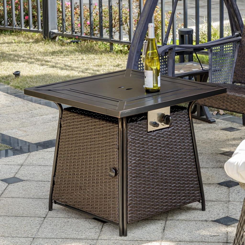 28 inch Wicker Propane Fire Pit Table,Gas Fire Pits Table for Outside,50000 BTU Propane Firepit with Lid &Lava