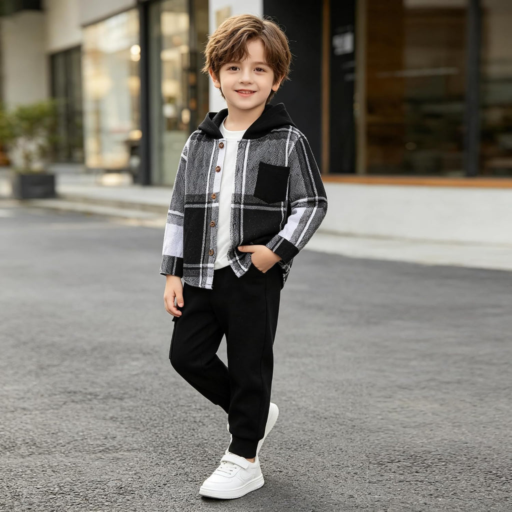 Toddler Boys Clothes 2 Piece Flannel Plaid Shirt Hoodie and Pants Little Boys Fall Winter