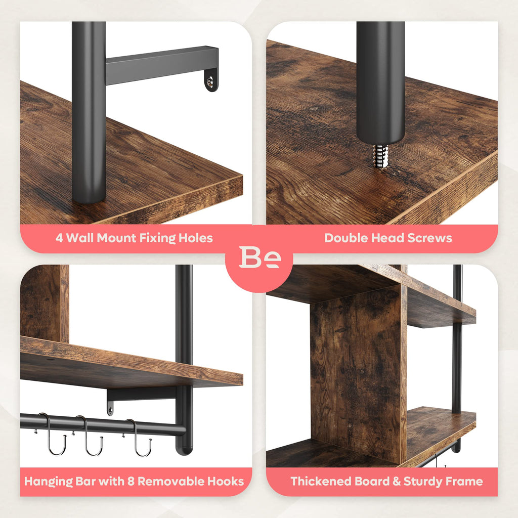 41.5" Floating Shelves for Wall 3 Tier Kitchen Shelves Wall Mounted Coffee Bar Shelf Hanging Shelf with 8 Hooks