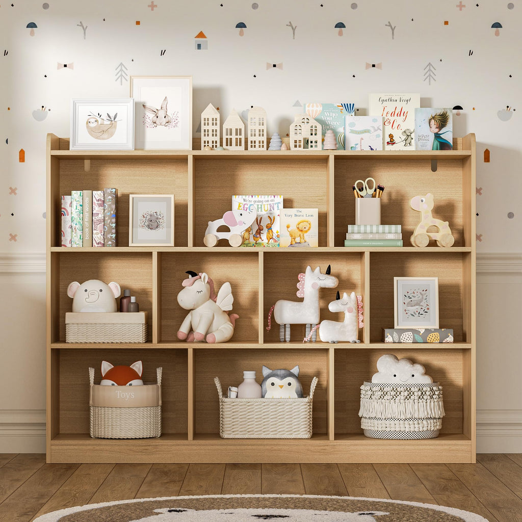 Oak Bookshelf, Wood Bookcase with 3 Tier Open Shelves, 10-Cube Minimalist Storage Shelf, 43.3" W x 35.4" H