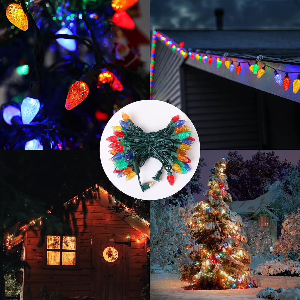 2-Set C7 Led Christmas String Lights, 25.16ft 50 LED Waterproof Decorative Light Strand, Extendable Green Wire String