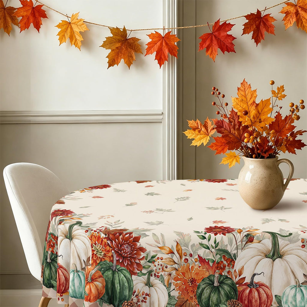 Oval Fall Tablecloth 60x102 Inch, Thanksgiving Autumn Harves Pumpkin Flower Table Cloth, Waterproof Wrinkle Resistant