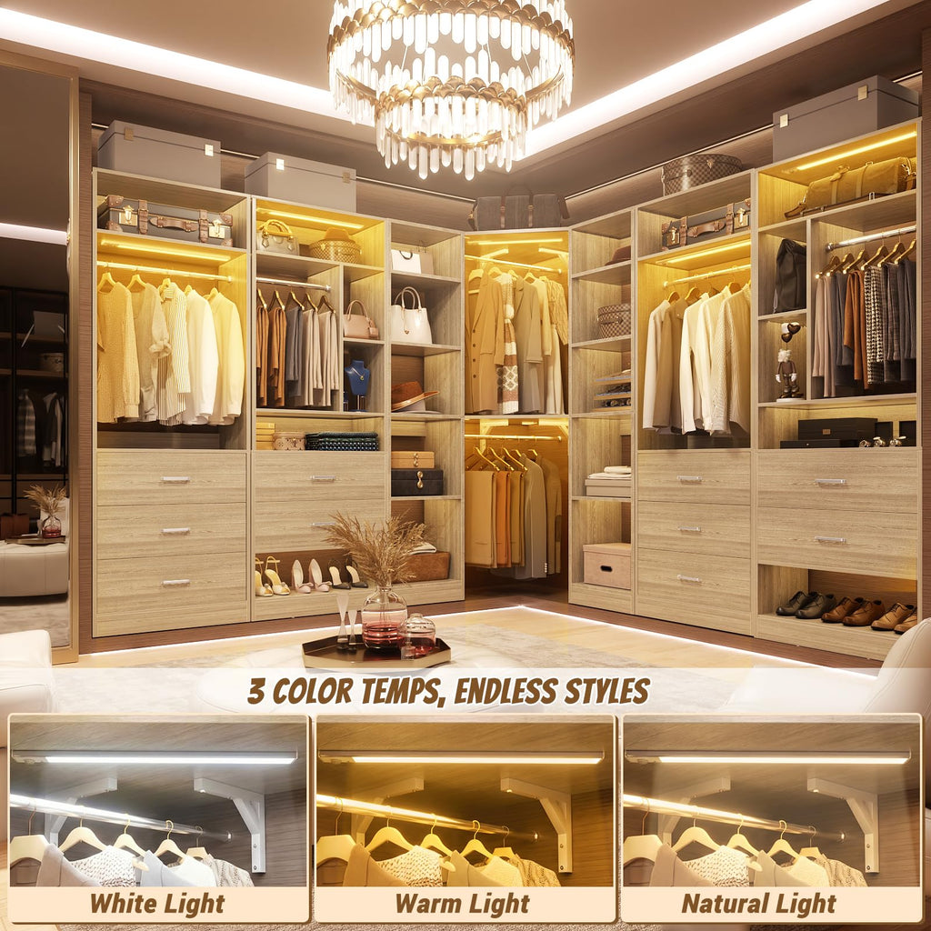 Corner Closet System with 2 Motion Sensor Lights, 39.2" Corner Closet Organizer with 12 Shelves, Closet System with 2